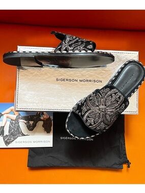 New! Sigerson Morrison Estee Velvet Embroidered Studded Slides in Black Bronze